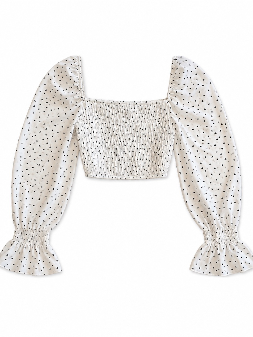 Women’s White Smocked Puff-Sleeve Top with Black Dot Print